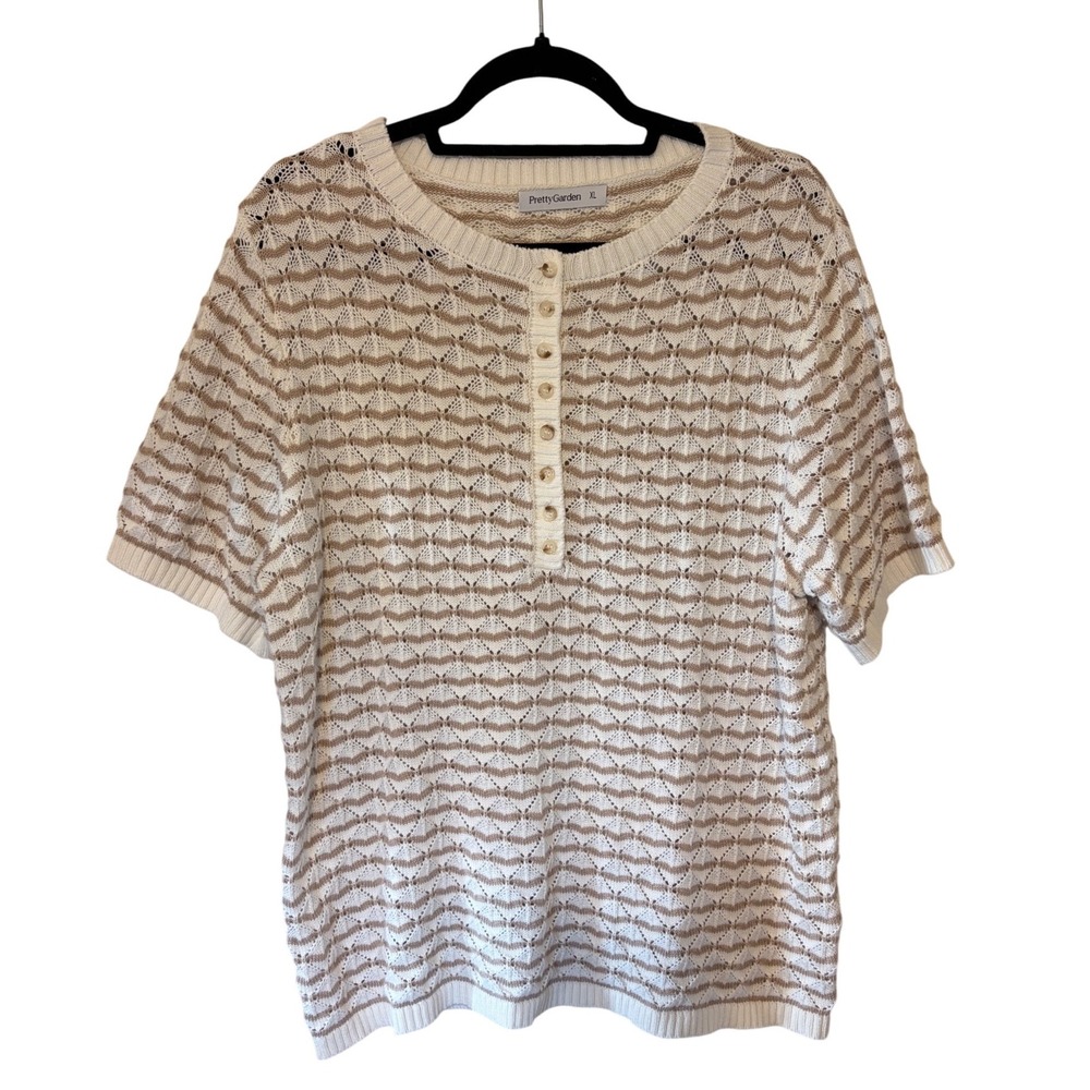 PrettyGarden Henley Knit Coastal Top Short Sleeve Crochet Sweater Shirt XL
